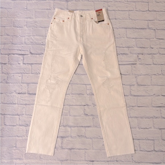 Levi's 501 Original Straight Leg High Rise Raw Hem White Jeans